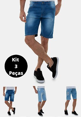 Kit com 3 Bermuda Jeans Masculinas Premium Claras Versatti Fresno