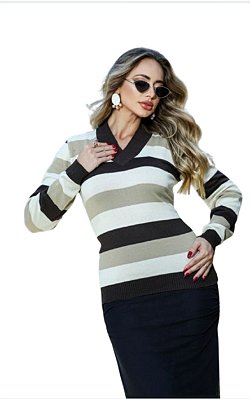 Blusa de inverno tricot gola V tricolor