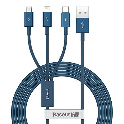 Cabo 3 em 1 Micro USB Tipo C Lightning 3.5A Azul Baseus CAMLTYS-03