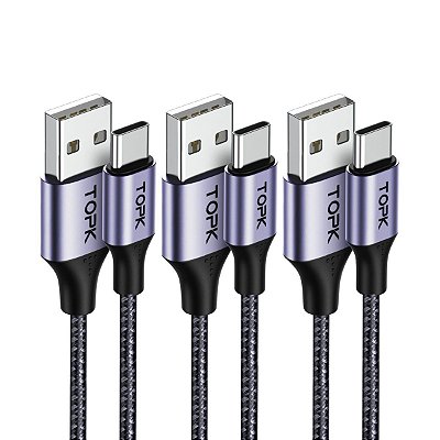 Kit 3 Cabos USB-A x USB-C 3A Quick Charge 3.0 Nylon 1m TOPK AN10