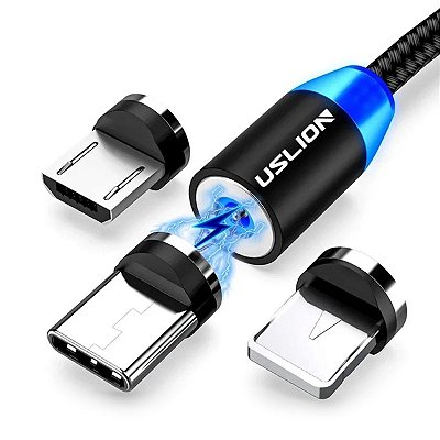 Cabo Magnético 3 em 1 USB Tipo C Lightning Micro USB 1m Uslion