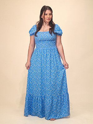 Vestido Longo Lastex Viscolinho Azul Floral