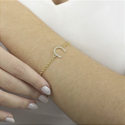Pulseira ferradura cravejada prata 925 banhada ouro 18k