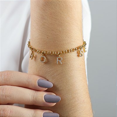 Pulseira letras horse zirconia cravejada prata 925 banhado ouro 18k