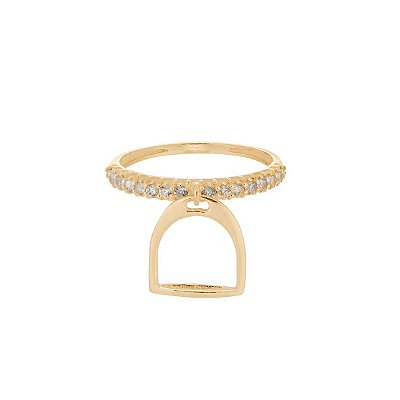 Anel pingente estribo zircônia cravejada prata 925 banhado ouro 18k.