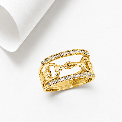 Anel aparador bridão zirconia cravejada prata 925 banhado a ouro 18k