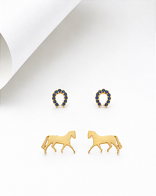 Dupla de brinco cavalo e ferradura zircônia azul marinho prata 925 banhada a ouro 18k