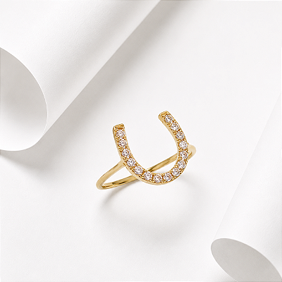 Anel ferradura zirconia cravejada prata 925 banhado a ouro 18k