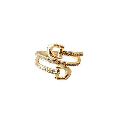 Anel bridão duplo zircônia cravejada prata 925 banhado a ouro 18k