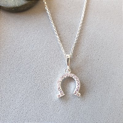 Colar ferradura ponta quadrada zirconia rosa bebê prata 925
