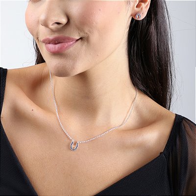 Colar ferradura zirconia cravejada azul marinho  prata 925