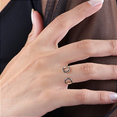 Anel bridão duplo cravejado em ouro 18k ajustável