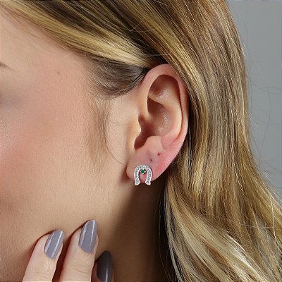 Brinco ferradura  ponto  de luz verde esmeralda  prata 925