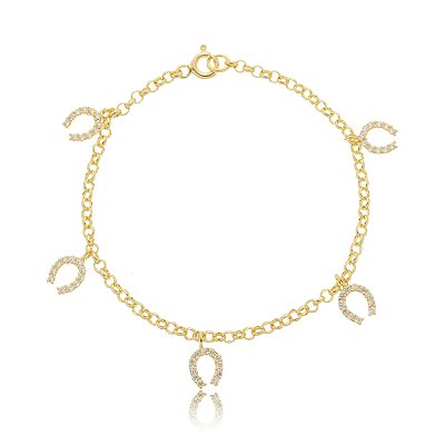 Pulseiras mini ferraduras cravejadas prata 925 banhada ouro 18k