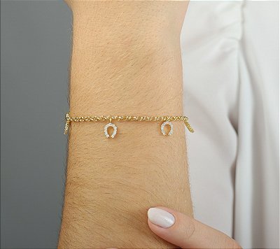 Pulseiras mini ferraduras cravejadas   prata 925 banhada ouro 18k