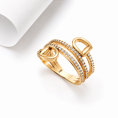 Anel bridão duplo moissanite cravejada em ouro 18k
