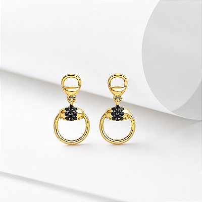 Brinco pendente bridão zircônia negra em ouro 18k