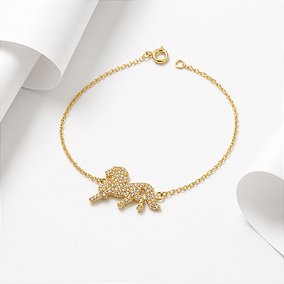Pulseira cavalo cravejada prata 925 banhada a ouro 18k
