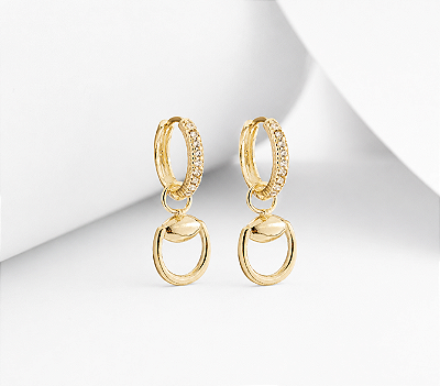 Brinco argola bridão zircônia cravejada prata 925 banhado ouro 18k