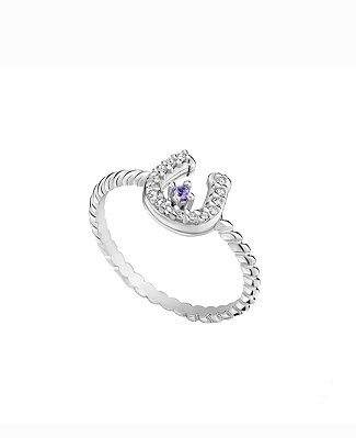 Anel ferradura torcido  ponto de luz lilás  zircônia  cravejada  prata  925