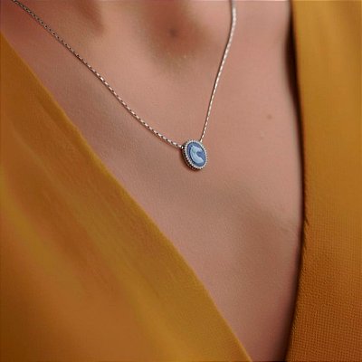 Colar camafeu cavalo ágata azul prata 925