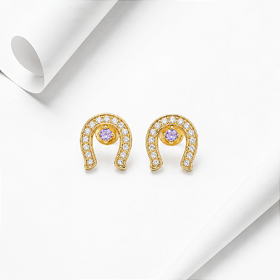 Brinco ferradura ponto luz lilas prata 925 banhado a ouro 18k.