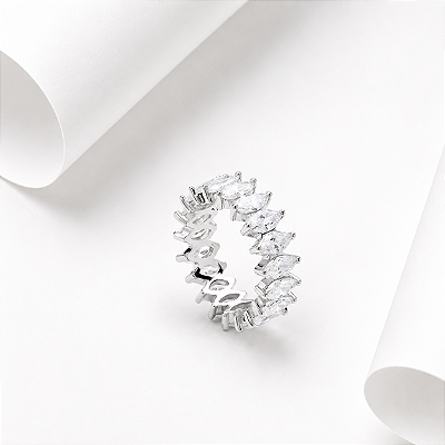 Aliança inteira navete zirconia cravejada prata 925