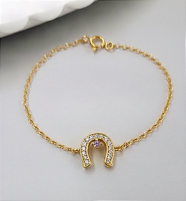 Pulseira ferrdura ponto de luz lilas prata 925 banhado ouro o