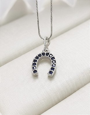 Colar ferradura zircônia azul marinho prata 925
