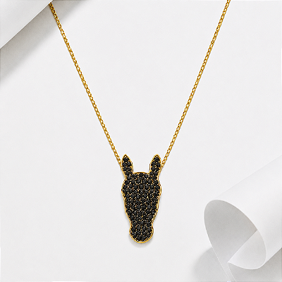 Colar carinha zirconia negra cravejada prata 925 banhada a ouro 18k