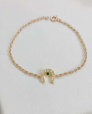 Pulseira ferrdura ponto de luz verde prata 925 banhado ouro o
