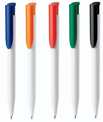 Caneta Plástica esferográfica retrátil escrita em azul corpo bc.