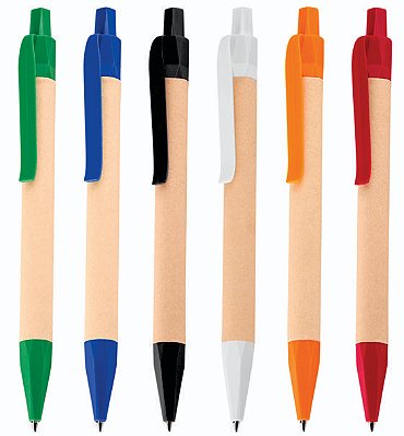 Caneta corpo em papel reciclado com detalhes em plástico PLA biodegradável.