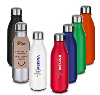 Garrafa em alumínio reciclado com capacidade de 550ml.