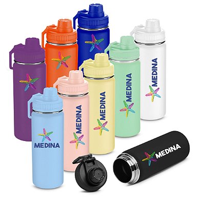 Garrafa térmica em aço inox com parede dupla isolada a vácuo e com capacidade de 570 ml.