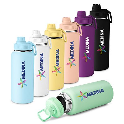 Garrafa térmica em aço inox com parede dupla isolada a vácuo com capacidade de 960ml.