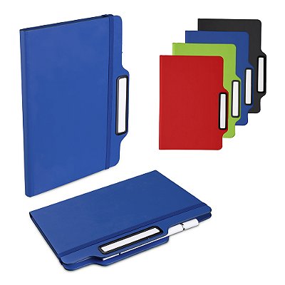 Caderno de anotações com suporte para caneta, capa dura em PU.