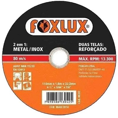 Disco de Corte 4.1/2'' x 1x22,2mm para Metal e Inox Foxlux