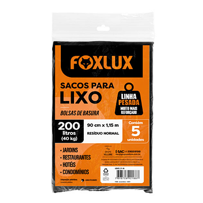 Saco para Lixo de 200L 90 x 115cm 5 Unidades Reforçado Foxlux