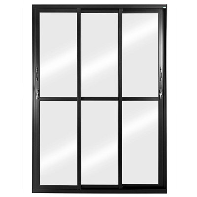 Porta de Correr 210x150 3 Folhas Vidro Liso Alumínio Preto 6215 Esquadrisul