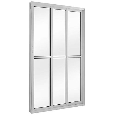 Porta de Correr 210x120 3 Folhas Vidro Liso Alumínio Branco 6021 Esquadrisul