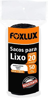 Sacos Para Lixo 50 Litros 63x80cm com 20 Unidades Foxlux