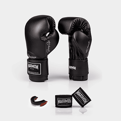 KIt boxe luva classic black + bucal vermelho + bandagem preta