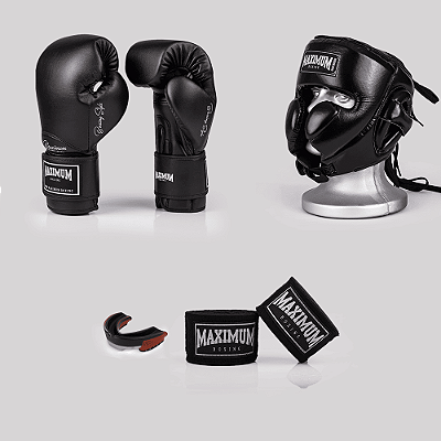 Kit luva de boxe classic black + bucal vermelho + bandagem preta + capacete de boxe lateral