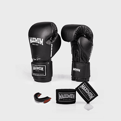 Kit luva de boxe new classic black + bucal vermelho + bandagem preta