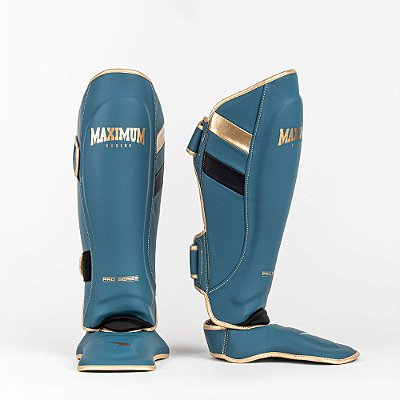 Caneleira de Muay Thai e Kickboxing Profissional Azul com Detalhes Dourado