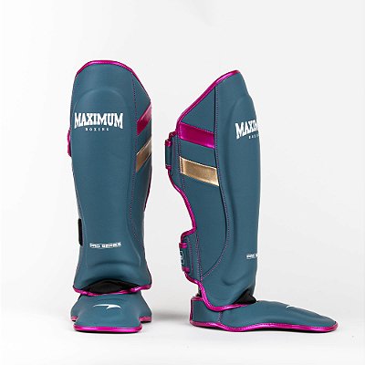 Caneleira de Muay Thai e Kickboxing Azul Detalhes Rosa