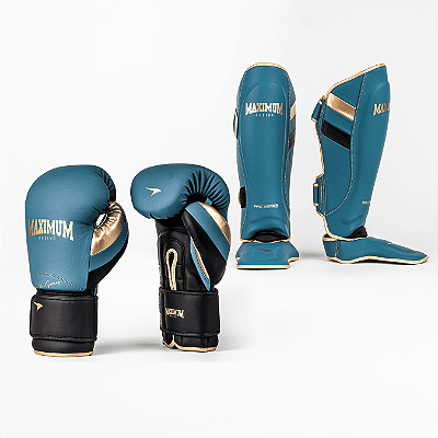 Kit Luva e Caneleira Profissional Azul e Dourado