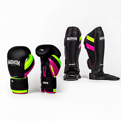 Kit Luva e Caneleira Muay Thai Profissional Preta Detalhe Verde
