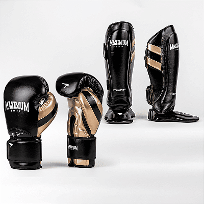 Kit Luva e Caneleira Muay Thai Preta Detalhes Dourado